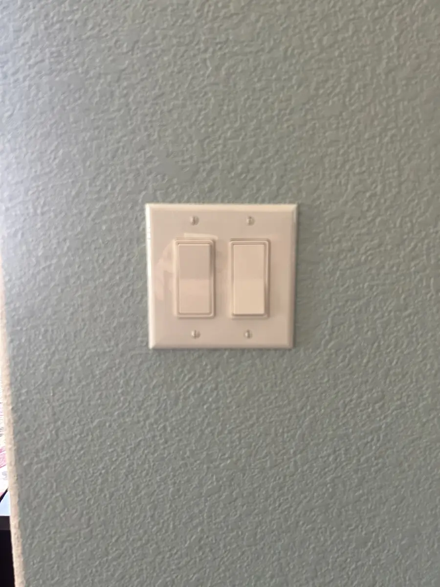 Two white rocker switches in a double wall plate on a sage green wall
